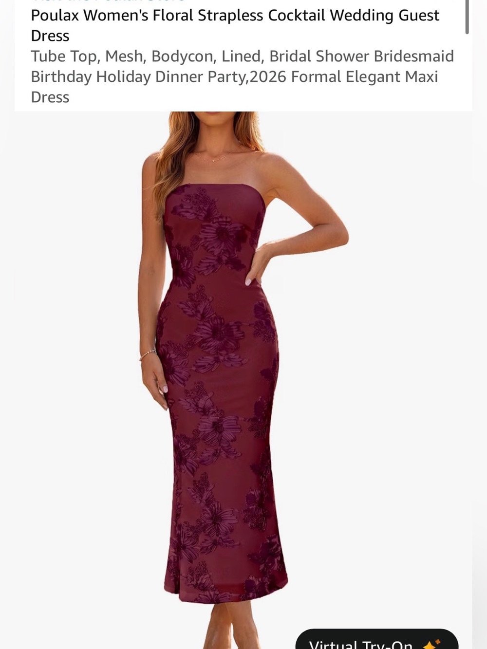 Amazon Strapless Floral Jacquard Bodycon Dress in Burgundy